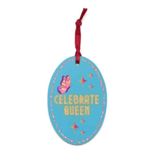 Celebrate Queen Wooden Oval Ornamet - Sky - Back with hanger